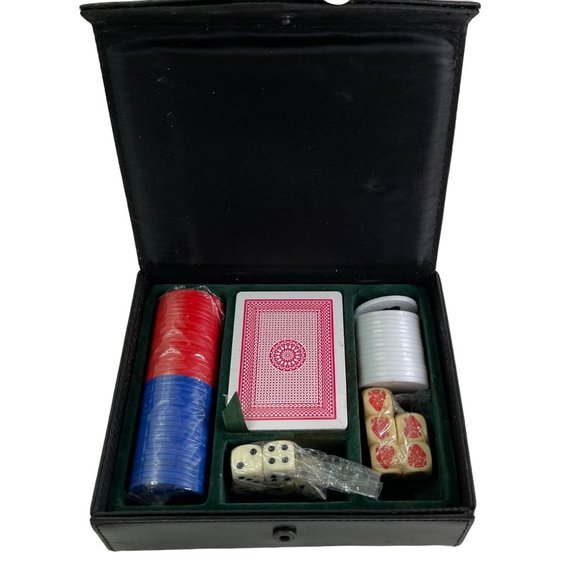 Poker Game Set with Leather Travel Case Chips 2 Card Decks Dice Vintage - Picture 2 of 6